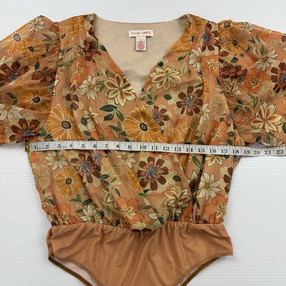 Flying Tomato Floral Bodysuit Womens L Boho Retro Surplice Puff Sleeve Top - Picture 9 of 11